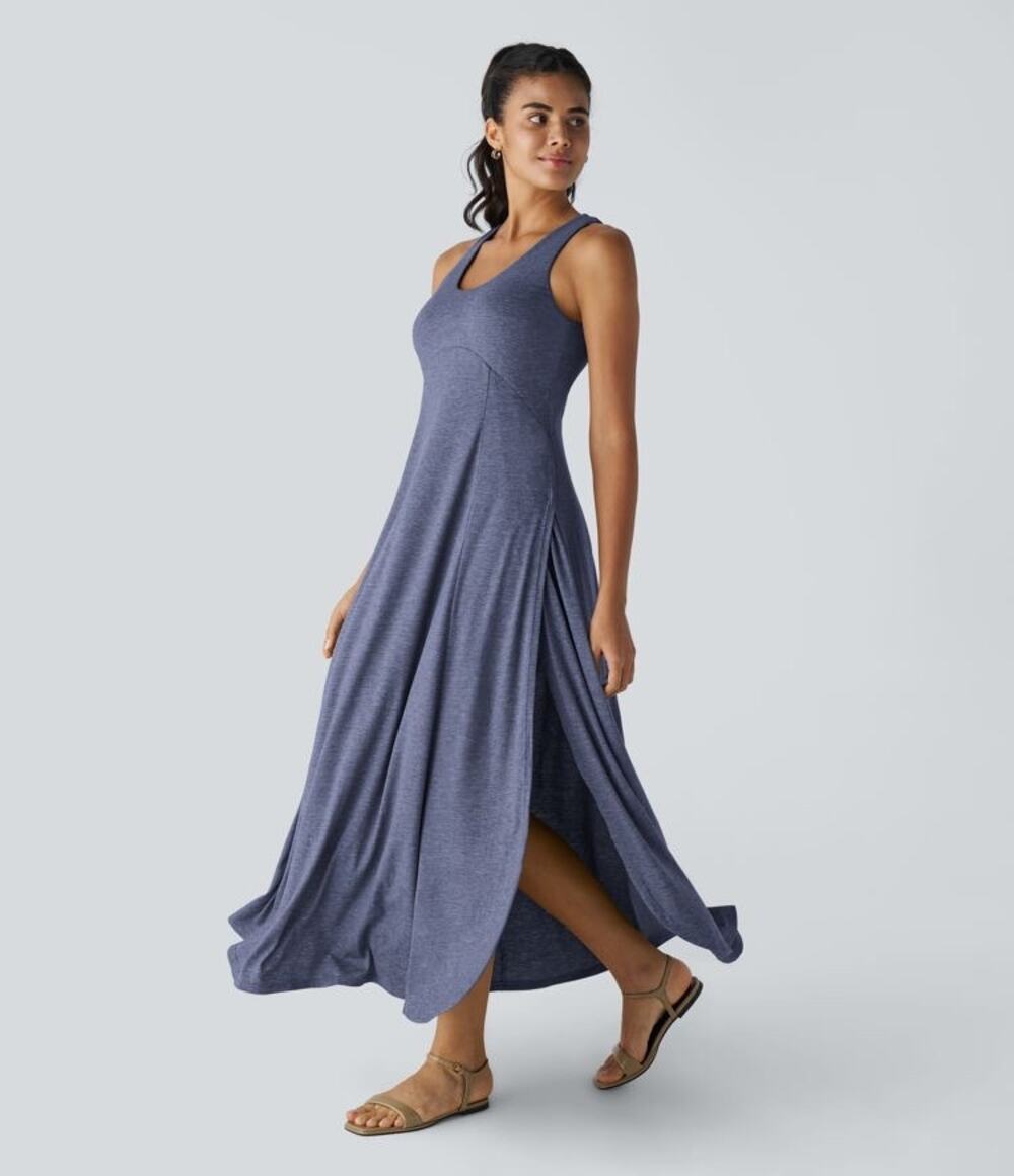 Halara U Neck Flowy Maxi Casual Tank Dress Mottled Indigo Blue Large NEW Comfy